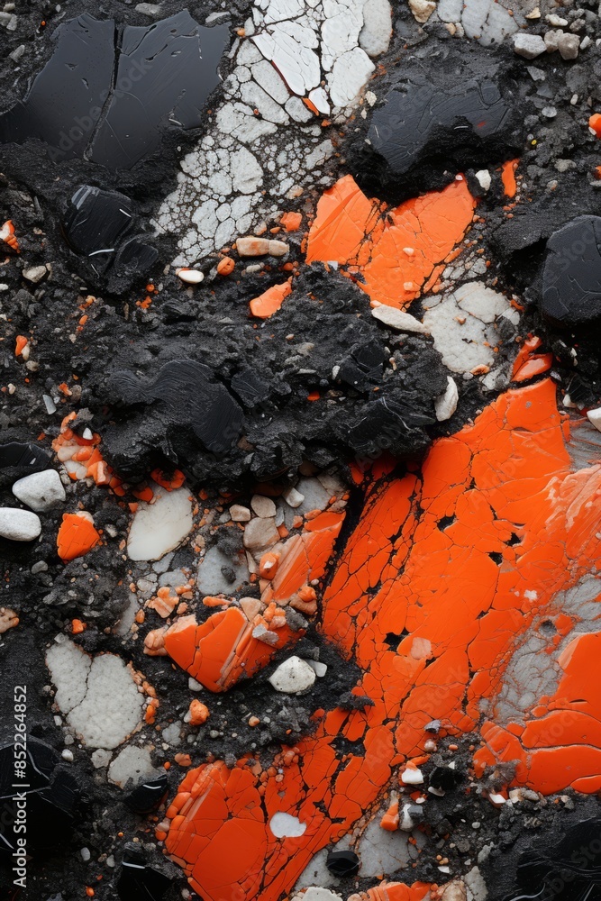 a close up of orange and black paint on the ground a close up of orange and black paint on the ground