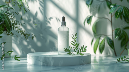 Minimal abstract cosmetic background for product presentation. Cosmetic bottle podium and green palm leaf on grey color background. 3d render illustration. Object isolate clipping path included © Matthew