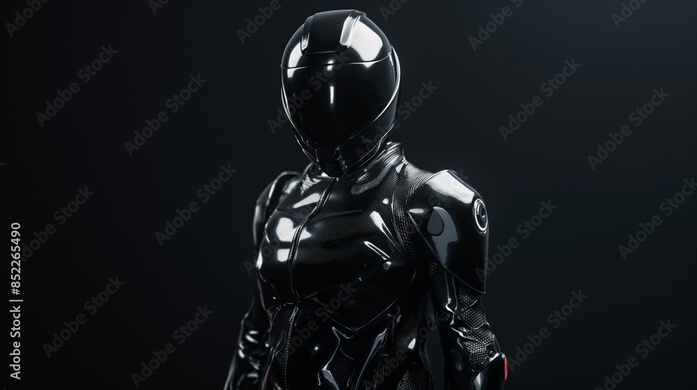 Naklejka premium Futuristic black motorcycle rider wearing full body armor.