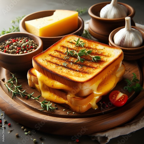 traditional melted grilled cheese toasted sandwich served on wooden tray with herbs seasoning on the side as wide banner for food menu concepts.