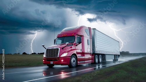 Red semi truck driving on a country highway with dramatic stormy sky and lightning in the background - Generative AI