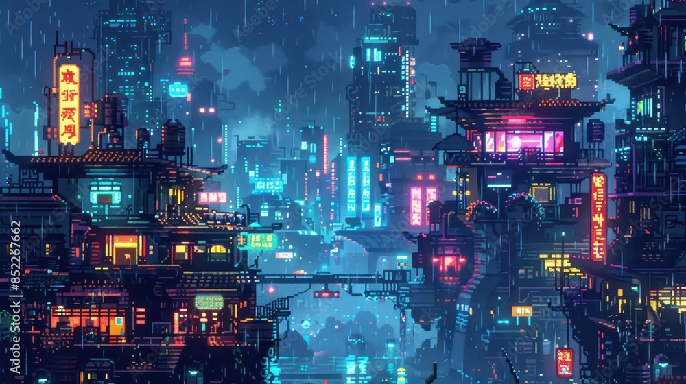 Obraz premium Neon-Lit Cyberpunk Cityscape Under Night Rain