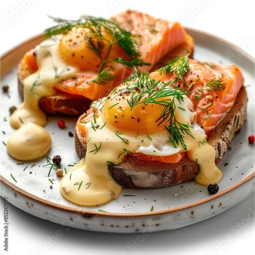 a gourmet serving of salmon benedict with deliciously poached eggs with hollandaise sauce, served on a freshly toasted bread, garnished with dill, added with a sprinkled with herbs and spices