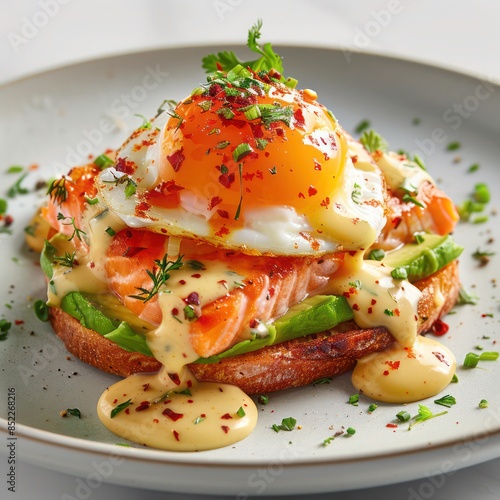 a gourmet serving of fresh raw salmon benedict with deliciously poached eggs with hollandaise sauce, served on a freshly toasted bread, garnished with avocado slice and sprinkled with herbs and spices