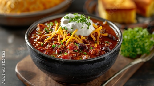 Hearty Chili Bowl with Cheese and Sour Cream Topping on Wooden Board photo