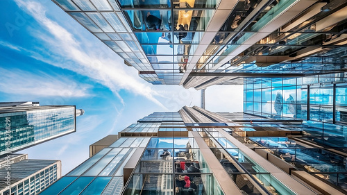 Business and finance concept, looking up at modern office building architecture in the financial district of Toronto, Ontario, Canada - Generative AI