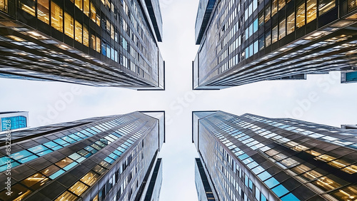 Business and finance concept, looking up at modern office building architecture in the financial district of Toronto, Ontario, Canada - Generative AI