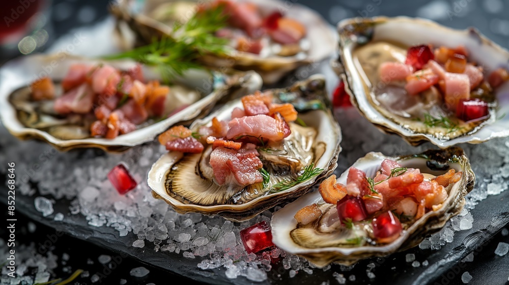 Gourmet Delicacies: Freshly Prepared Oysters on Ice with Garnishes and Herbs Gourmet Delicacies: Freshly Prepared Oysters on Ice with Garnishes and Herbs