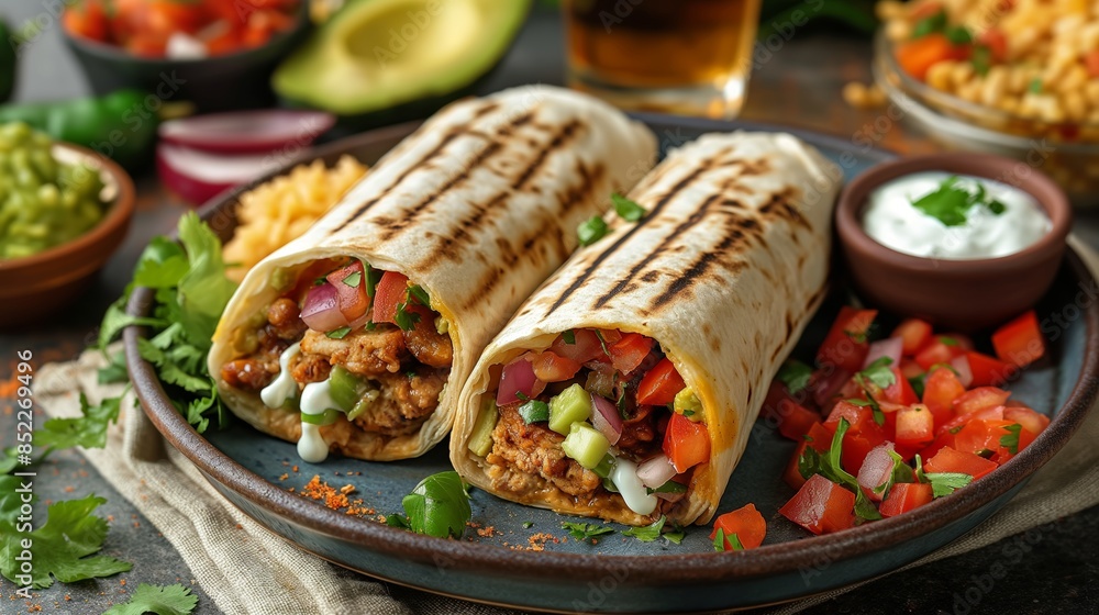 Delicious Grilled Burritos with Fresh Ingredients on Ceramic Plate Delicious Grilled Burritos with Fresh Ingredients on Ceramic Plate