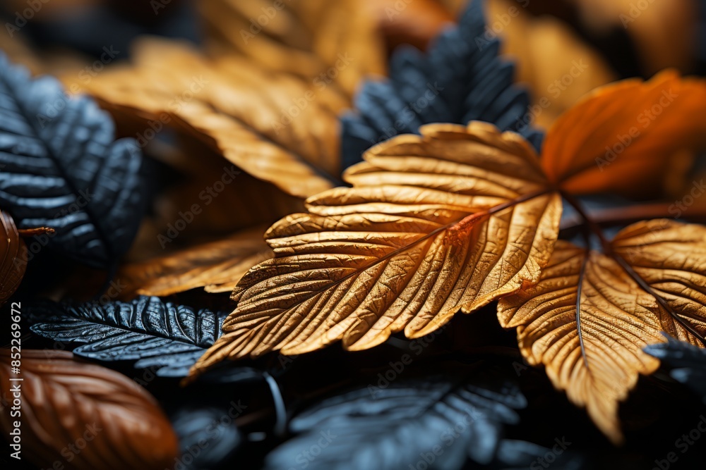 a close up of some leaves and nuts on a black background a close up of some leaves and nuts on a black background