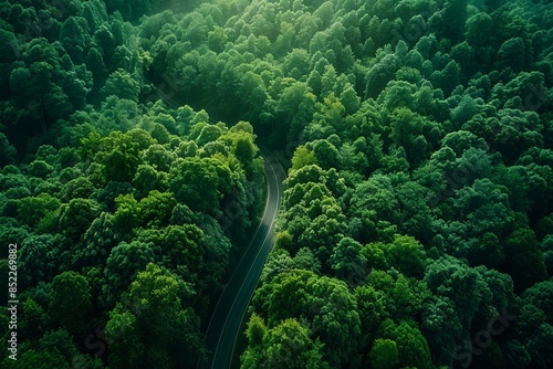 Aerial view of dense green trees in forest capture CO2 and curve highway road. Green trees background for carbon neutrality and net zero emissions concept. Sustainable green environment, Generative AI © Nandi Pix