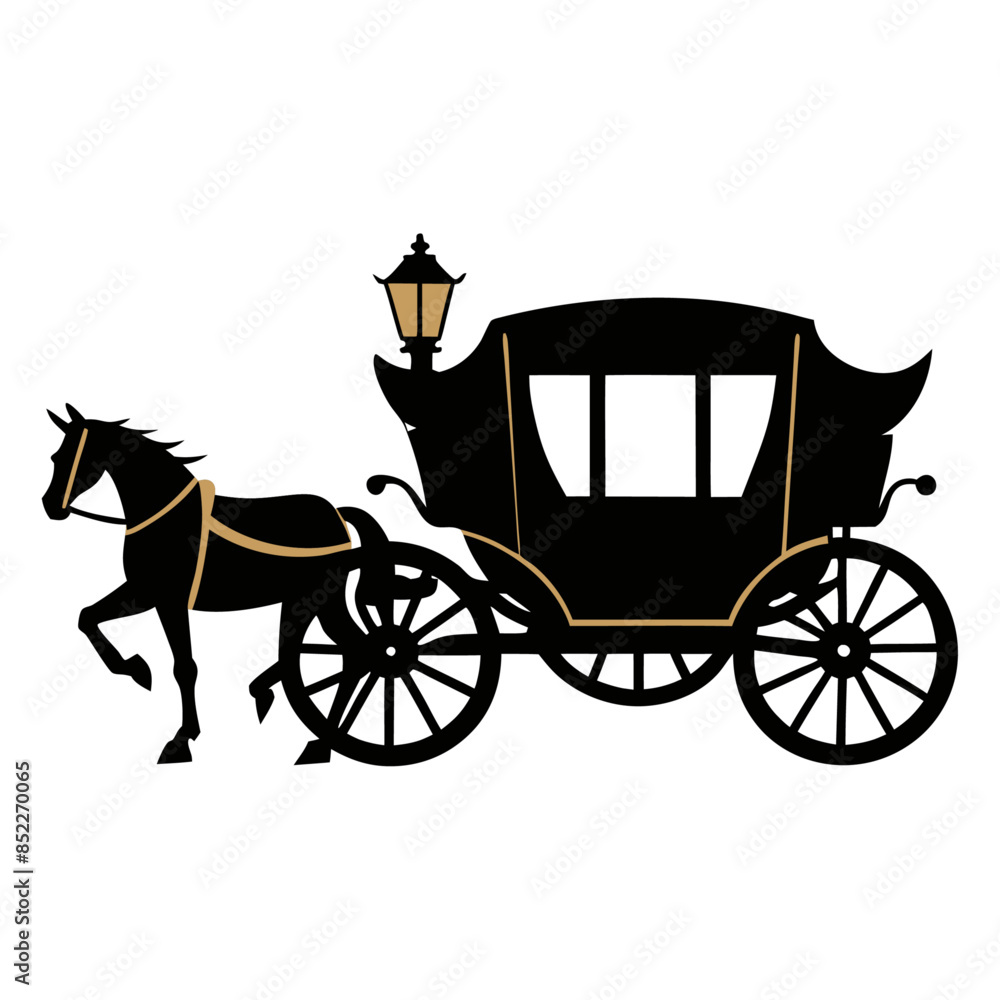 Fototapeta premium vintage carriage silhouette, vintage carriage, horse carriage illustration, carriage with horse, horse carriage, horse and carriage, vector illustration, carriage silhouette logo design isolated 