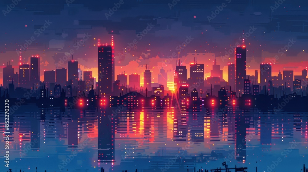 Obraz premium Pixel Art City Skyline at Sunset Over Reflective Water