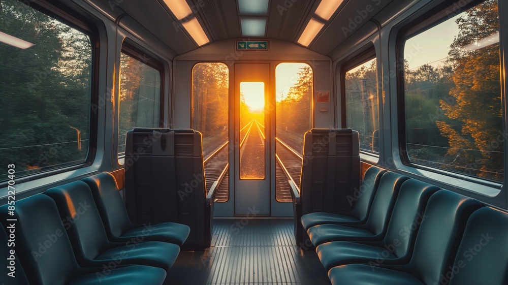 Fototapeta premium Scenic Sunrise Ride: Tranquil Train Journey Through Nature