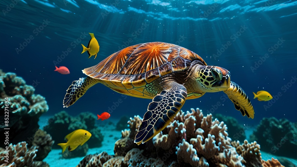 turtle with group of colorful fish and sea animals with colorful coral underwater in ocean. turtle with group of colorful fish and sea animals with colorful coral underwater in ocean.