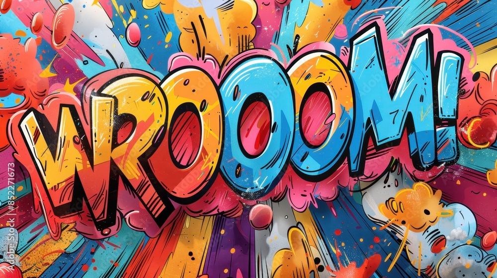 Fototapeta premium Dynamic Cartoon Comic Book Inspired Explosion Design with Wroom Text
