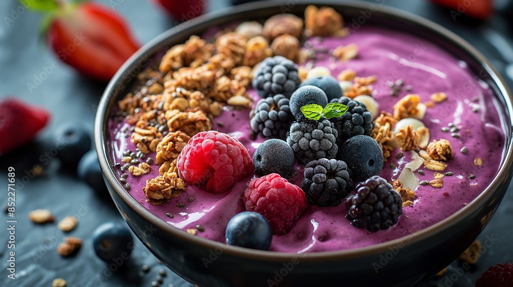 Delicious Berry Smoothie Bowl Topped with Granola, Fresh Berries, and Mint on Dark Background Delicious Berry Smoothie Bowl Topped with Granola, Fresh Berries, and Mint on Dark Background