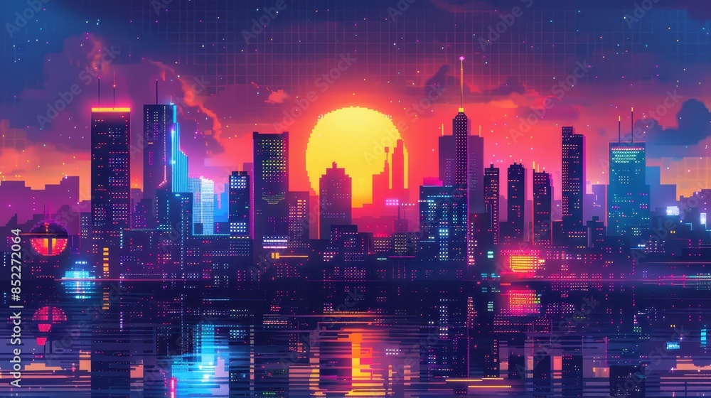 Fototapeta premium Pixel Art Cityscape at Sunset with Reflective Water and Neon Lights