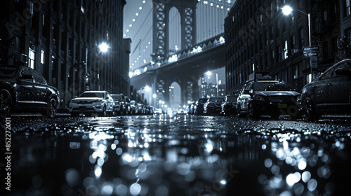 Moody monochrome view of Staple street skybridge by night, in Tribeca, New York City photo