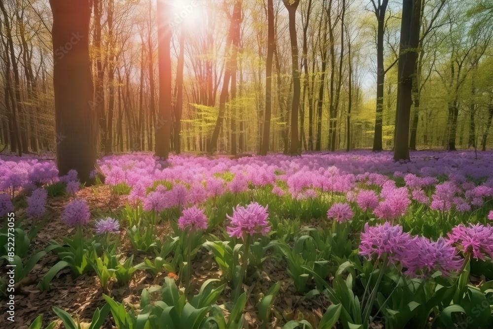 Obraz premium spring, forest, trees, green, foliage, sunlight, nature, peaceful, rene, flower, flowers, garden