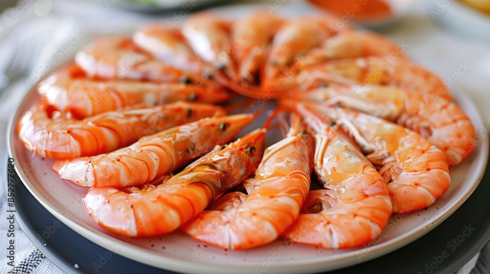 Cooked and peeled shrimp arranged on a plate Cooked and peeled shrimp arranged on a plate