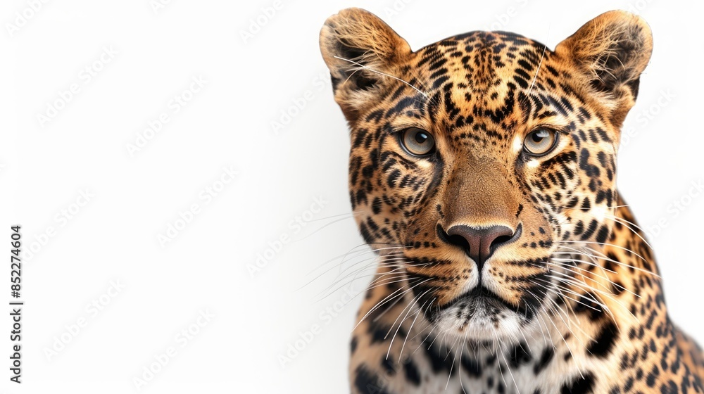 Fototapeta premium Leopard portrait gazing at camera on white background