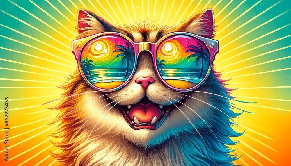 A close-up of a happy cat with its eyes closed and mouth open in a joyful smile, wearing funky, oversized sunglasses with reflections of a sunny beach. A close-up of a happy cat with its eyes closed and mouth open in a joyful smile, wearing funky, oversized sunglasses with reflections of a sunny beach.