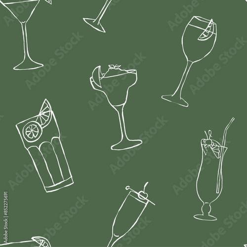 Patrón sin costuras de cocteles. Fondo minimalista de tragos ilustrados a mano en tendencia. Textura para papel de regalo, telas, diseños de redes sociales y papelería.  Fondo de bebidas.