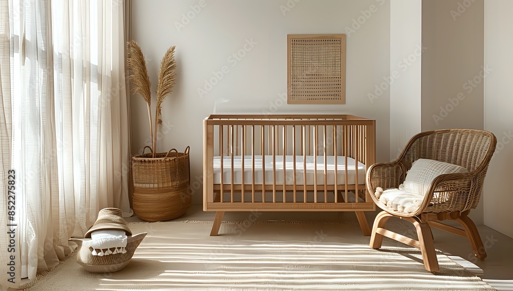 Modern Nursery with Wooden Crib and Wicker Chair Modern Nursery with Wooden Crib and Wicker Chair