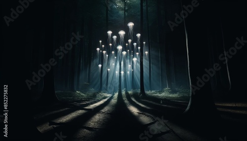 A clearing in a dark forest lit by strange, floating light formations above, casting long shadows on the ground. © FantasyLand86