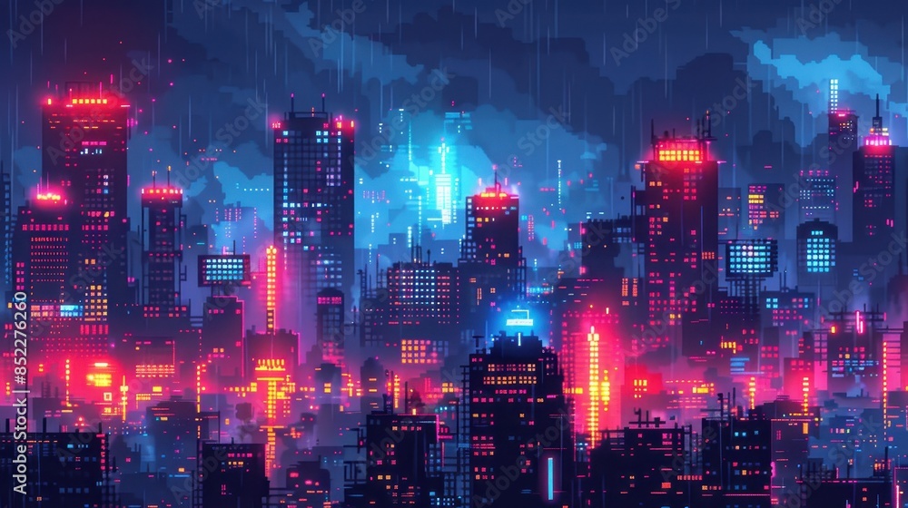 Futuristic Cyberpunk Cityscape in Neon Rain with High-Rise Buildings Futuristic Cyberpunk Cityscape in Neon Rain with High-Rise Buildings