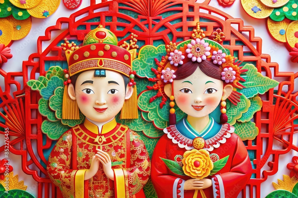 Paper cut illustration of Young wedding couple in traditional Chinese costumes Paper cut illustration of Young wedding couple in traditional Chinese costumes