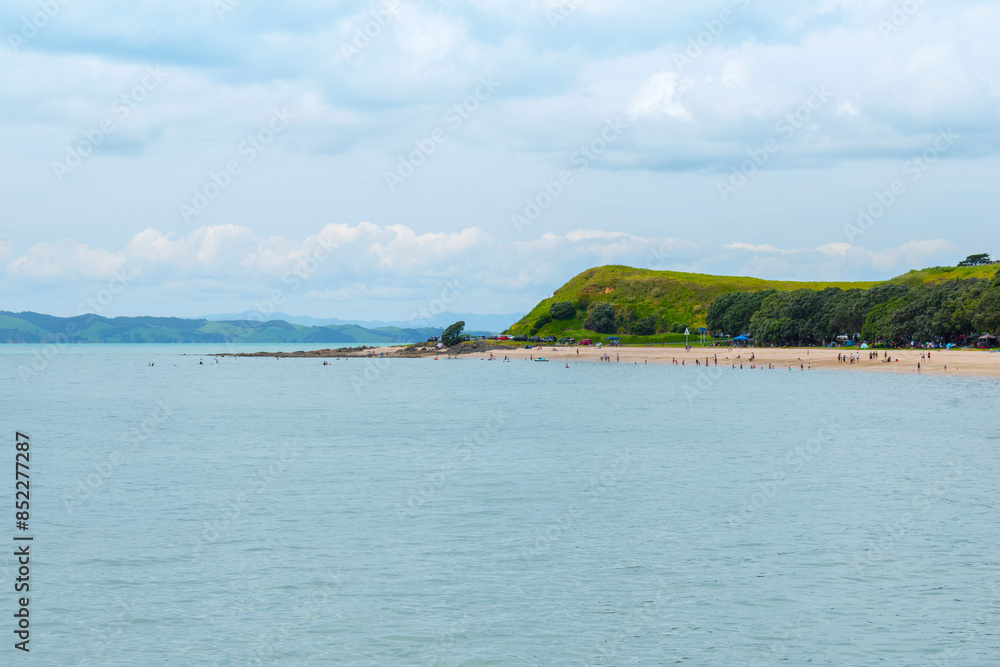 Panoramic View of Maraetai Beach Auckland, New Zealand; White Sandy Beach during Low Tide