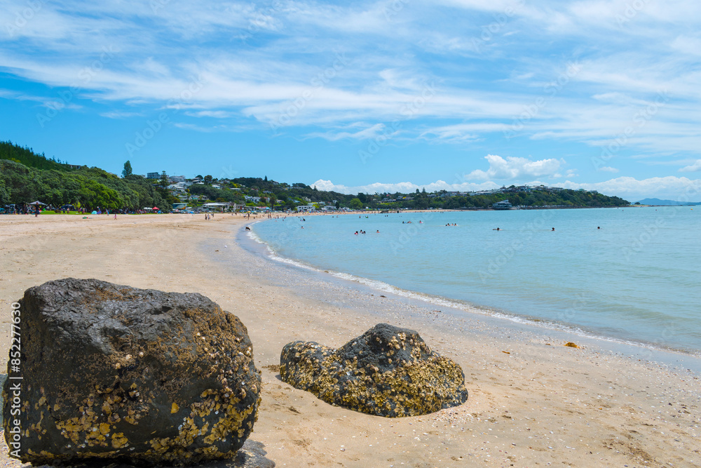 Panoramic View of Maraetai Beach Auckland, New Zealand; White Sandy Beach during Low Tide