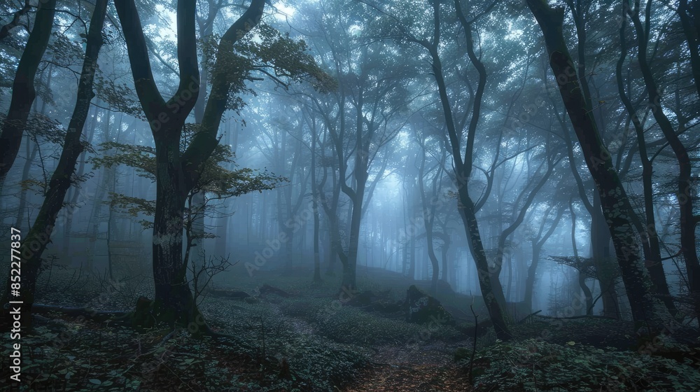 Naklejka premium The fog covered forest showcasing a stunning scene