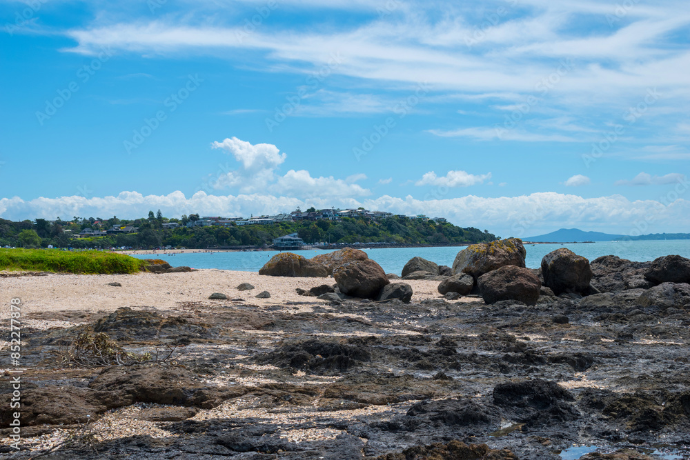 Panoramic View of Maraetai Beach Auckland, New Zealand; Rocky Parts of the Beach during Low Tide