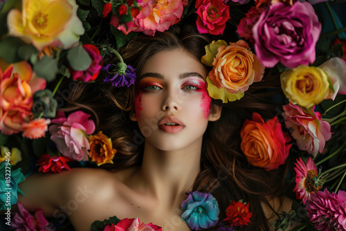 A beautiful woman with flowers in her hair, colorful makeup, holding bouquets of bright and vivid colored flowers, dark background
