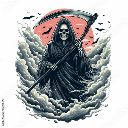 Vector Design Illustration of Skull Walking in The Mist