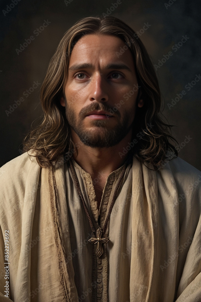 A halfbody portrait of Jesus Christ in 8K ultrarealist A halfbody portrait of Jesus Christ in 8K ultrarealist