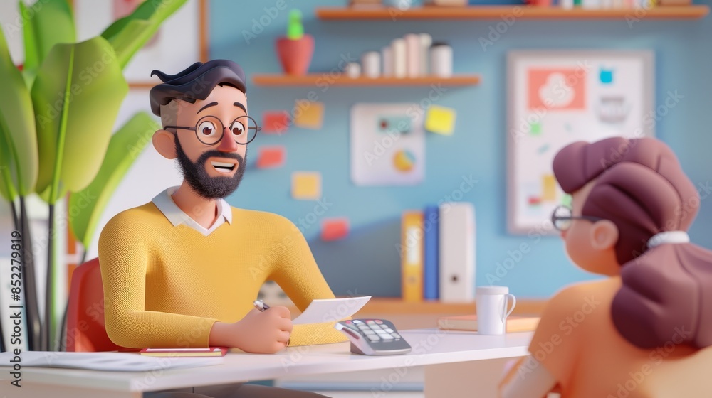 A man in glasses sits at a desk with a woman, listening intently as she speaks. A man in glasses sits at a desk with a woman, listening intently as she speaks.