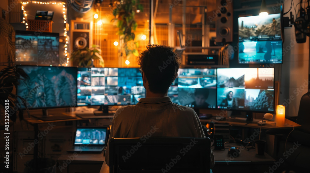 A person sits in front of multiple computer screens, working late at night. The room is dimly lit with string lights and a candle. A person sits in front of multiple computer screens, working late at night. The room is dimly lit with string lights and a candle.