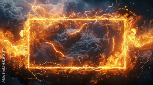 Fiery Electric Frame Amidst Stormy Clouds and Thunderbolts