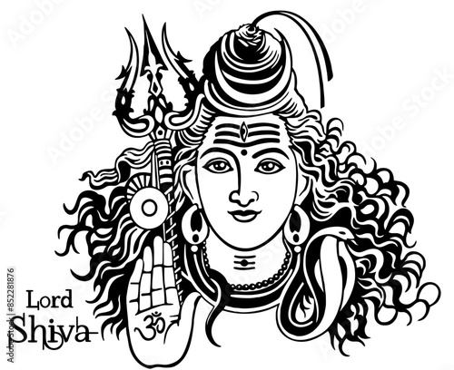 A closeup of the Hindu god Lord Shiva giving blessing to all vector design in black and white