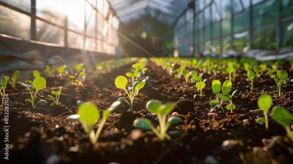 A serene greenhouse filled with rows of young seedlings sprouting in rich soil, the sunlight filtering through the glass panels, providing warmth and light for growth. A serene greenhouse filled with rows of young seedlings sprouting in rich soil, the sunlight filtering through the glass panels, providing warmth and light for growth.