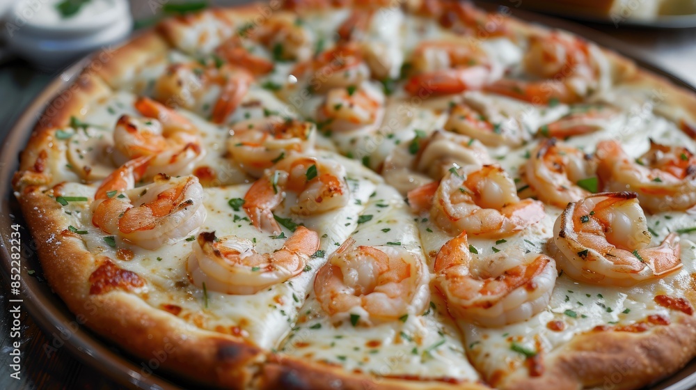 Creamy cream cheese shrimp pizza with white sauce and mozzarella topped with aromatic roasted garlic and plump shrimp Creamy cream cheese shrimp pizza with white sauce and mozzarella topped with aromatic roasted garlic and plump shrimp