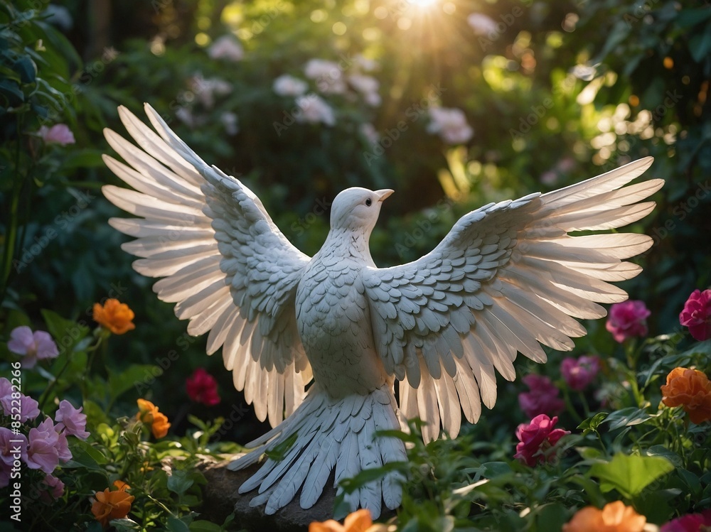Obraz premium bird with angel wings in a lush, heavenly garden surrounded by colorful flowers and greenery, with its angel wings glowing gently.