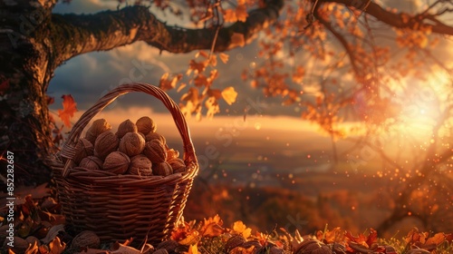 Sunset scenery with walnuts in a basket
