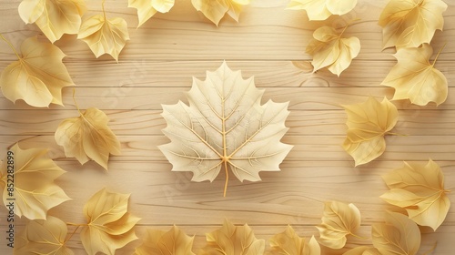 A soft cedar wood background with delicate aspen leaves in shades of light yellow and gold, centered around a finely detailed artificial maple leaf.