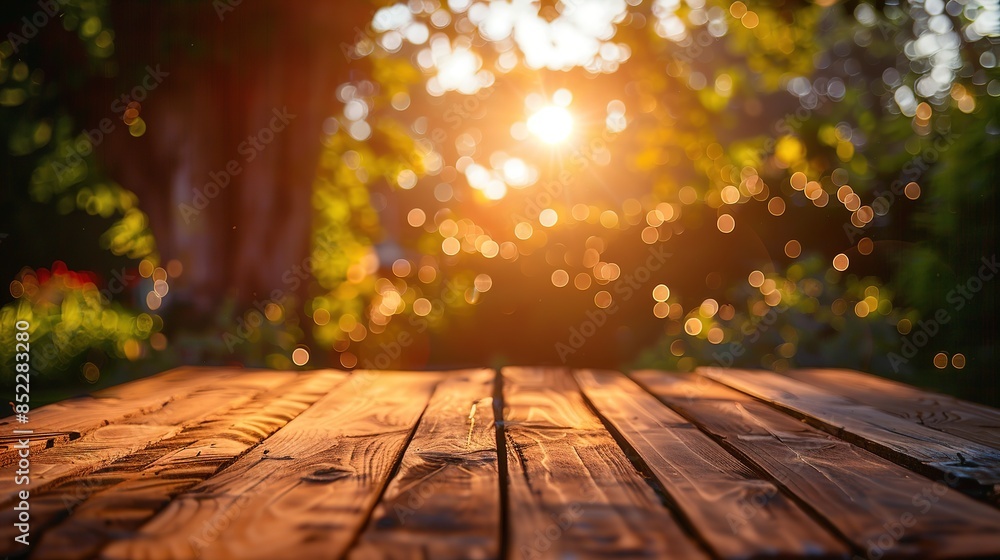 Abstract background of an empty wooden table with a bokeh effect on a blurred garden or yard in the morning light. Exuberant and warm summer nature scene perfect for product display, branding design Abstract background of an empty wooden table with a bokeh effect on a blurred garden or yard in the morning light. Exuberant and warm summer nature scene perfect for product display, branding design