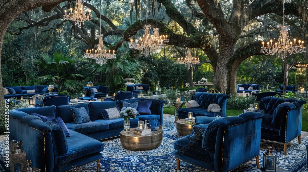 A sophisticated outdoor cocktail area featuring deep blue velvet chairs and sofas arranged on thick, soft rugs, with crystal chandeliers hanging from mature oak trees A sophisticated outdoor cocktail area featuring deep blue velvet chairs and sofas arranged on thick, soft rugs, with crystal chandeliers hanging from mature oak trees